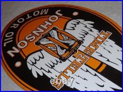 Vintage Johnson Time Tells Motor Oil Chicago Illinois 16.5 Porcelain Metal Sign