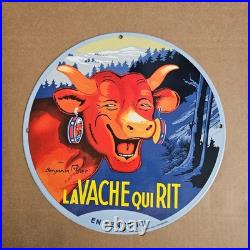 Vintage Lavache Quirit Cow Old Us Gasoline Oil Gas Pump Enamel Porcelain Sign