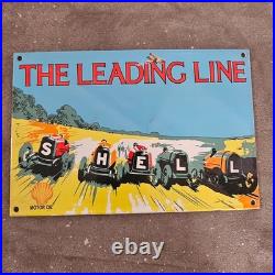 Vintage Leading Line Shell Old Us Gasoline Oil Gas Pump Enamel Porcelain Sign