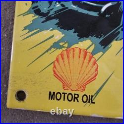 Vintage Leading Line Shell Old Us Gasoline Oil Gas Pump Enamel Porcelain Sign