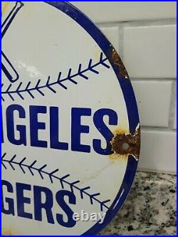 Vintage Los Angeles Dodgers Porcelain Sign Baseball Sport Ball Bat Gas Motor Oil