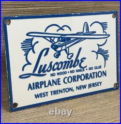 Vintage Luscombe Aircraft Porcelain Sign Dealership Gas Oil Hangar Airplane Corp