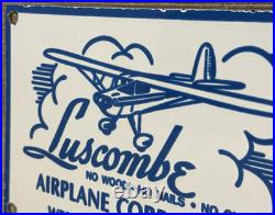 Vintage Luscombe Aircraft Porcelain Sign Dealership Gas Oil Hangar Airplane Corp
