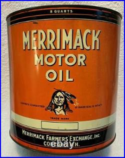 Vintage MERRIMACK MOTOR OIL 8 Quart Can, 3 Indian Logos, Concord, NH
