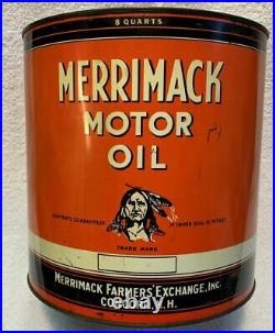 Vintage MERRIMACK MOTOR OIL 8 Quart Can, 3 Indian Logos, Concord, NH