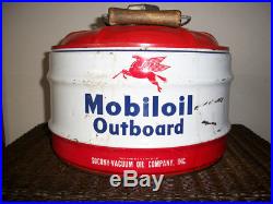 Vintage MOBILOIL OUTBOARD MOTOR OIL can 2 1/2 Gal. SOCONY, wood handle EXCELLENT