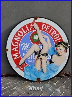 Vintage Magnolia Petroleum Porcelain Sign Art Deco Girlmotor Oil Advertising