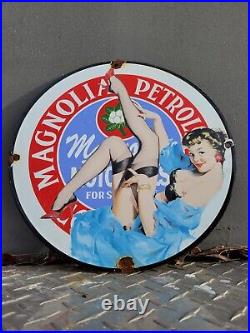 Vintage Magnolia Petroleum Porcelain Sign Art Deco Girlmotor Oil Advertising