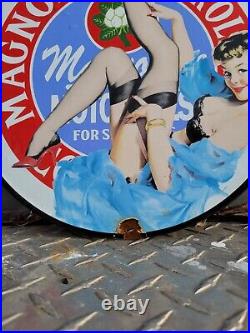 Vintage Magnolia Petroleum Porcelain Sign Art Deco Girlmotor Oil Advertising