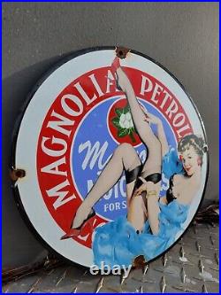 Vintage Magnolia Petroleum Porcelain Sign Art Deco Girlmotor Oil Advertising