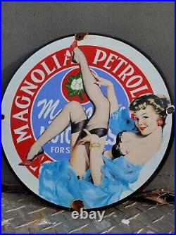 Vintage Magnolia Petroleum Porcelain Sign Art Deco Girlmotor Oil Advertising