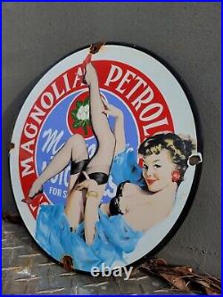 Vintage Magnolia Petroleum Porcelain Sign Art Deco Girlmotor Oil Advertising