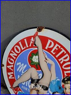 Vintage Magnolia Petroleum Porcelain Sign Art Deco Girlmotor Oil Advertising