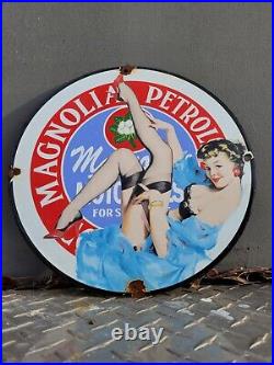 Vintage Magnolia Petroleum Porcelain Sign Art Deco Girlmotor Oil Advertising