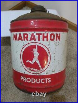 Vintage Marathon Products 5 Gallon Can Oil Advertising Metal withCaps&Wood Handle