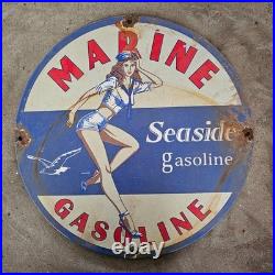 Vintage Marine Seaside Old Us Gasoline Oil Gas Pump Enamel Porcelain Sign