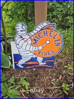 Vintage Michelin Tires Porcelain Enamel Flange Gas Oil Sign Double Sided Rare Vintage Michelin Tires Porcelain Enamel Flange Gas Oil Sign Double Sided Rare