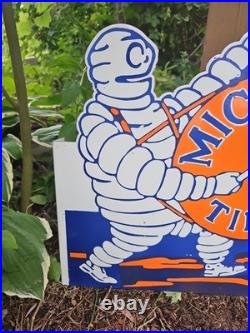 Vintage Michelin Tires Porcelain Enamel Flange Gas Oil Sign Double Sided Rare Vintage Michelin Tires Porcelain Enamel Flange Gas Oil Sign Double Sided Rare