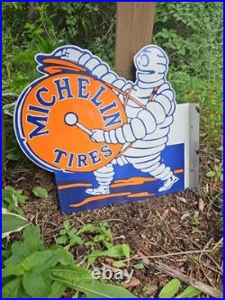 Vintage Michelin Tires Porcelain Enamel Flange Gas Oil Sign Double Sided Rare Vintage Michelin Tires Porcelain Enamel Flange Gas Oil Sign Double Sided Rare