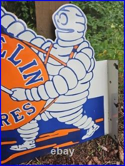 Vintage Michelin Tires Porcelain Enamel Flange Gas Oil Sign Double Sided Rare Vintage Michelin Tires Porcelain Enamel Flange Gas Oil Sign Double Sided Rare