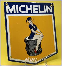 Vintage Michelin Tires Porcelain Sign Girl Bibendum Gas Station Motor Oil Pin Up
