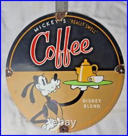 Vintage Mickey's Coffee Disney Porcelain Sign Pump Plate Gas Station Oil Service