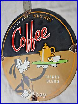 Vintage Mickey's Coffee Disney Porcelain Sign Pump Plate Gas Station Oil Service