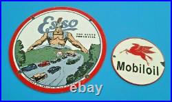 Vintage Mobil Gasoline, Esso 2 Porcelain Gas Advertising Service Station Signs