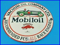 Vintage Mobil Mobiloil Porcelain Race Car Metal Gargoyle Gas Pump Sign