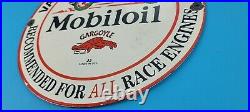 Vintage Mobil Mobiloil Porcelain Race Car Metal Gargoyle Gas Pump Sign