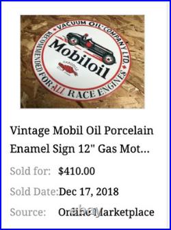 Vintage Mobil Mobiloil Race Car 11 3/4 Porcelain Metal Vacuum Gargoyle Gas Sign