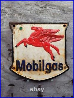 Vintage Mobil Sign Gas Oil Cast Iron American Gas Station Pegasus Shield Plaque