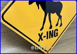 Vintage Moose Crossing Porcelain Sign Gas Oil Saftey Caribou Reindeer Deer