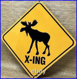 Vintage Moose Crossing Porcelain Sign Gas Oil Saftey Caribou Reindeer Deer