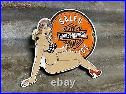 Vintage Motorcycle Porcelain Harley Davidson Sign Sales Girl Service Gas Pump