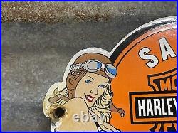 Vintage Motorcycle Porcelain Harley Davidson Sign Sales Girl Service Gas Pump