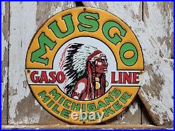 Vintage Musgo Gasoline Sign Old Embossed Metal Service Sales Gas Oil Advertising Vintage Musgo Gasoline Sign Old Embossed Metal Service Sales Gas Oil Advertising