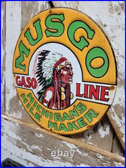 Vintage Musgo Gasoline Sign Old Embossed Metal Service Sales Gas Oil Advertising Vintage Musgo Gasoline Sign Old Embossed Metal Service Sales Gas Oil Advertising