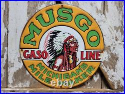 Vintage Musgo Gasoline Sign Old Embossed Metal Service Sales Gas Oil Advertising