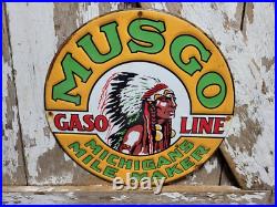 Vintage Musgo Gasoline Sign Old Embossed Metal Service Sales Gas Oil Advertising Vintage Musgo Gasoline Sign Old Embossed Metal Service Sales Gas Oil Advertising