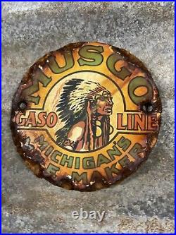 Vintage Musgo Porcelain Sign Indian Gasoline & Oil Advertising Medallion 4