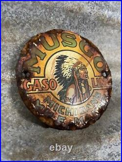 Vintage Musgo Porcelain Sign Indian Gasoline & Oil Advertising Medallion 4