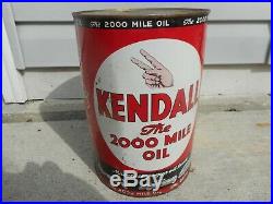 Vintage NOS FULL KENDALL 2000 MILE 5 QUART Gas Station MOTOR OIL Advertising Can