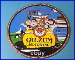 Vintage Oilzum Gasoline Sign Flintstones Cave Man Porcelain Gas Oil Pump Sign