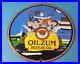 Vintage Oilzum Gasoline Sign Flintstones Cave Man Porcelain Gas Oil Pump Sign