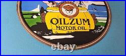 Vintage Oilzum Gasoline Sign Flintstones Cave Man Porcelain Gas Oil Pump Sign