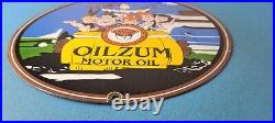 Vintage Oilzum Gasoline Sign Flintstones Cave Man Porcelain Gas Oil Pump Sign