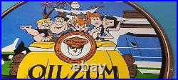 Vintage Oilzum Gasoline Sign Flintstones Cave Man Porcelain Gas Oil Pump Sign