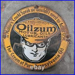 Vintage Oilzum Motor Lubrican Old Us Gasoline Oil Gas Pump Enamel Porcelain Sign
