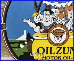 Vintage Oilzum Motor Oil Porcelain Sign Metal Gas White & Bagley USA Flintstones